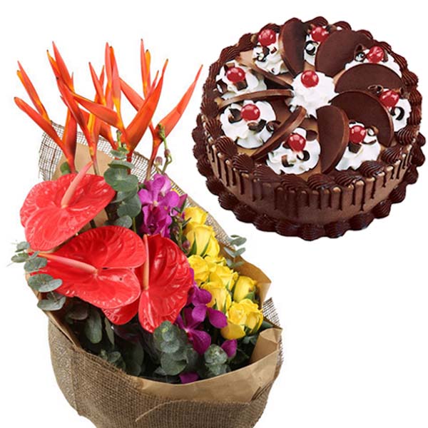 Paradise Flower Bouquet and Chocolate Cake