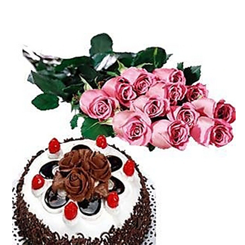 12 Pink Roses With Black Forest Cake