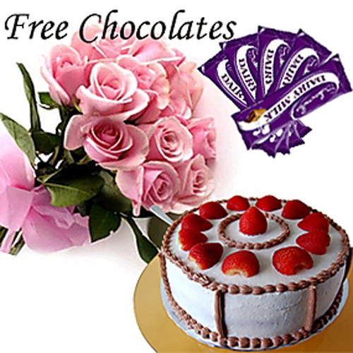 Cake And Chocolates With Pink Roses Bouquet