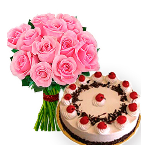 Pink Roses Bouquet With Black Forest Cake