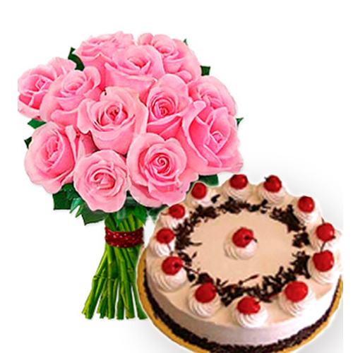 Pink Roses Bouquet With Black Forest Cake