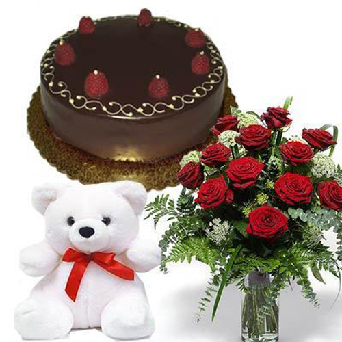Combo of Roses with Teddy and Cake