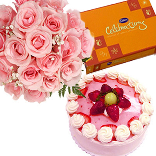 Celebration with Strawberry cake and Pink Roses