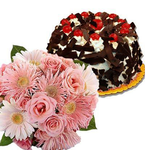 12 Pink Flowers with Black Forest Treat
