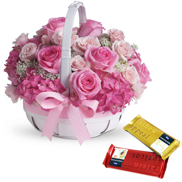 Pink roses basket and chocolates Best Price