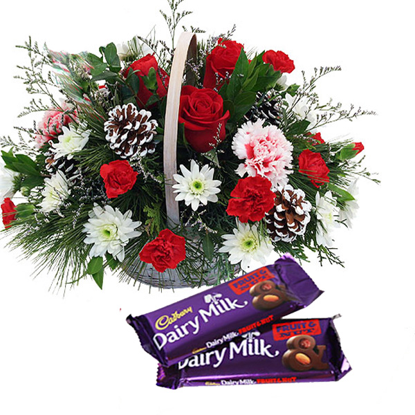 Mix Flowers Arranged In Basket With Fruit n Nut Chocolate