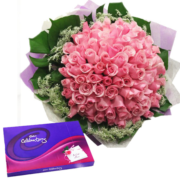 Pink Roses with Celebration Chocolate