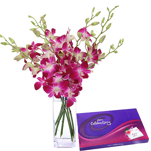 Fresh Orchids With Celebration Chocolate Pack