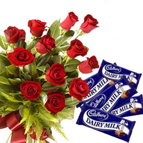 12 Roses with Dairy Milk Bars
