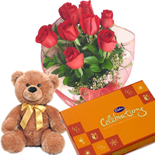 Enticing Roses With Teddy and Chocolates