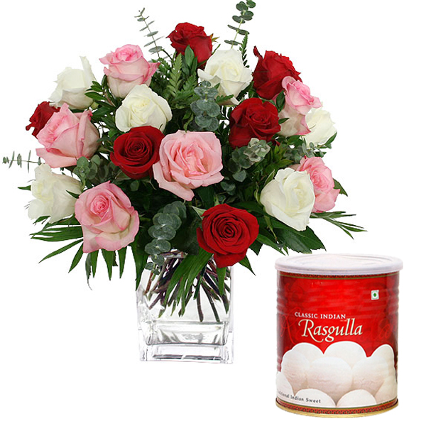 Glass Vase of Mix Roses And Rasgulla