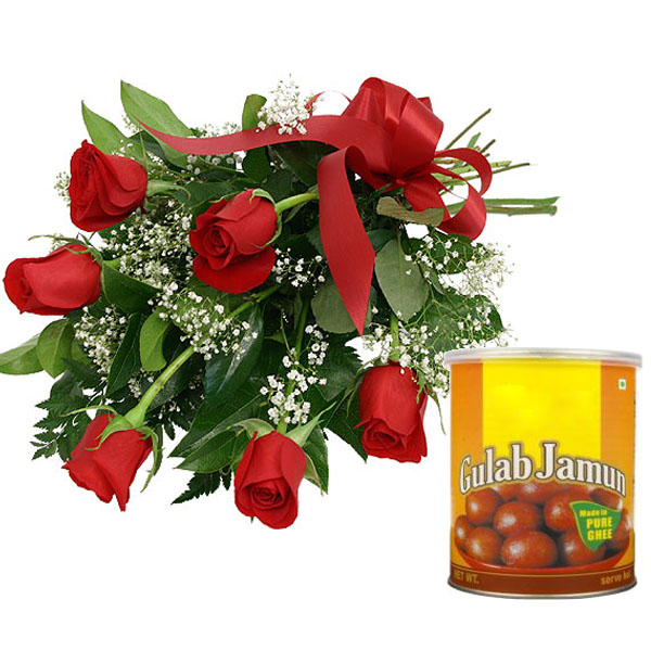 Red Roses Bouquet And Gulab Jamun