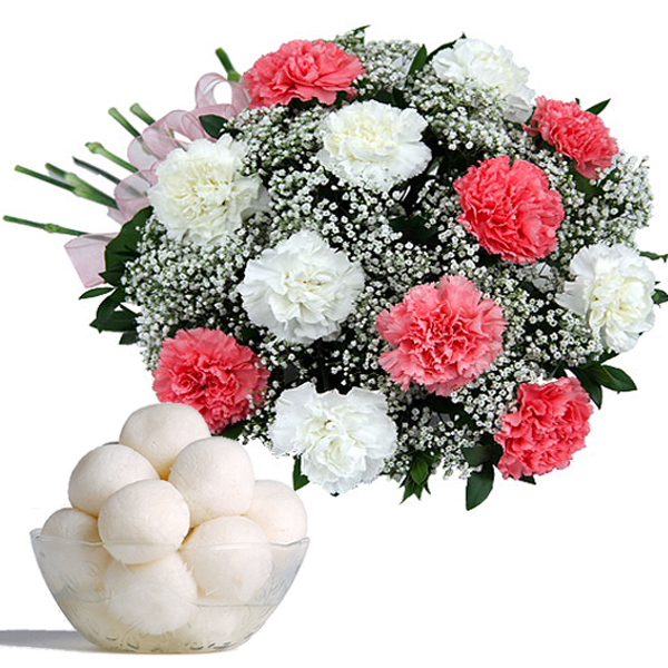 Rasgulla with 12 Carnations Bouquet