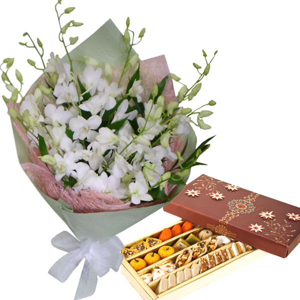 10 Elegant White Orchids & Assorted Sweets Pack