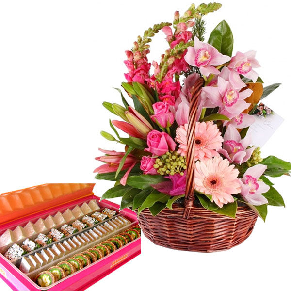 Pinky Floral Basket with Sweets