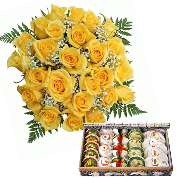 Yellow Roses with Kaju Sweets