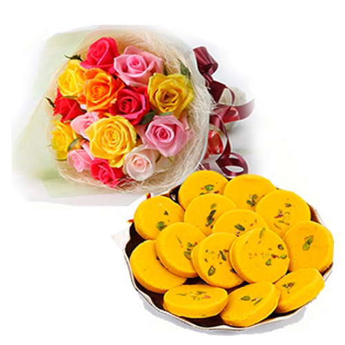 Colorful Roses Bouquet with Kesar Peda
