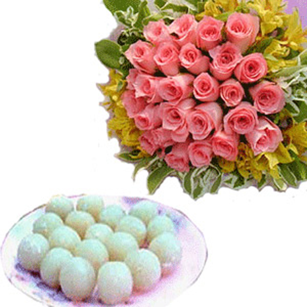 Pink Roses Bouquet and Rasgulla Sweets
