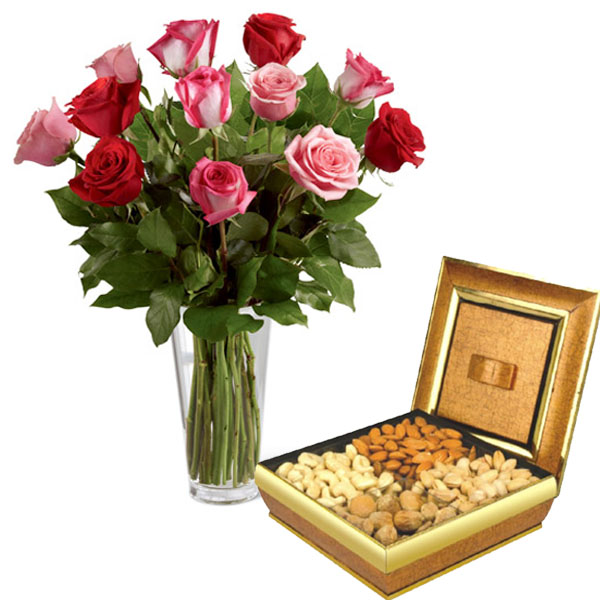 Assorted Dryfruit with Roses Vase