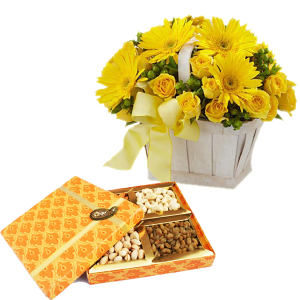 Basket arrangement of Yellow flowers  with Dryfruits