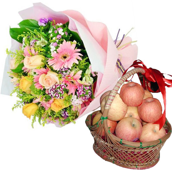 Birthday Apples Basket with Flowers