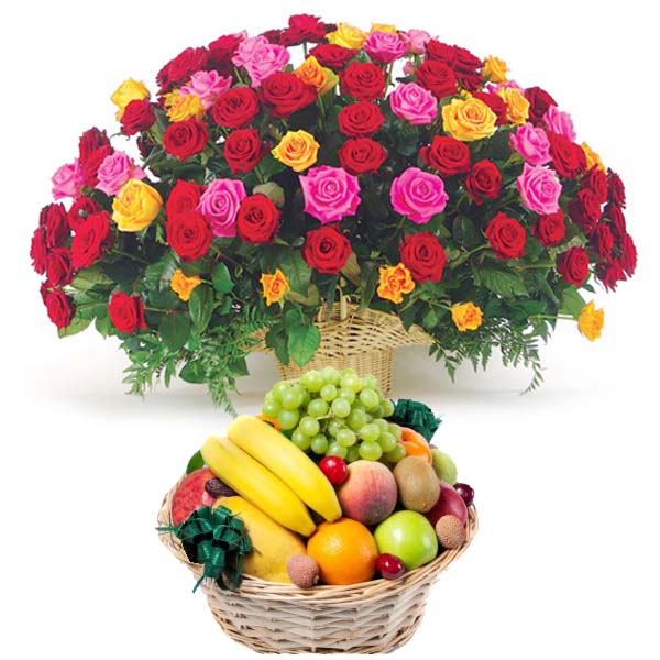 Tropical Fruit Basket with 100 Roses