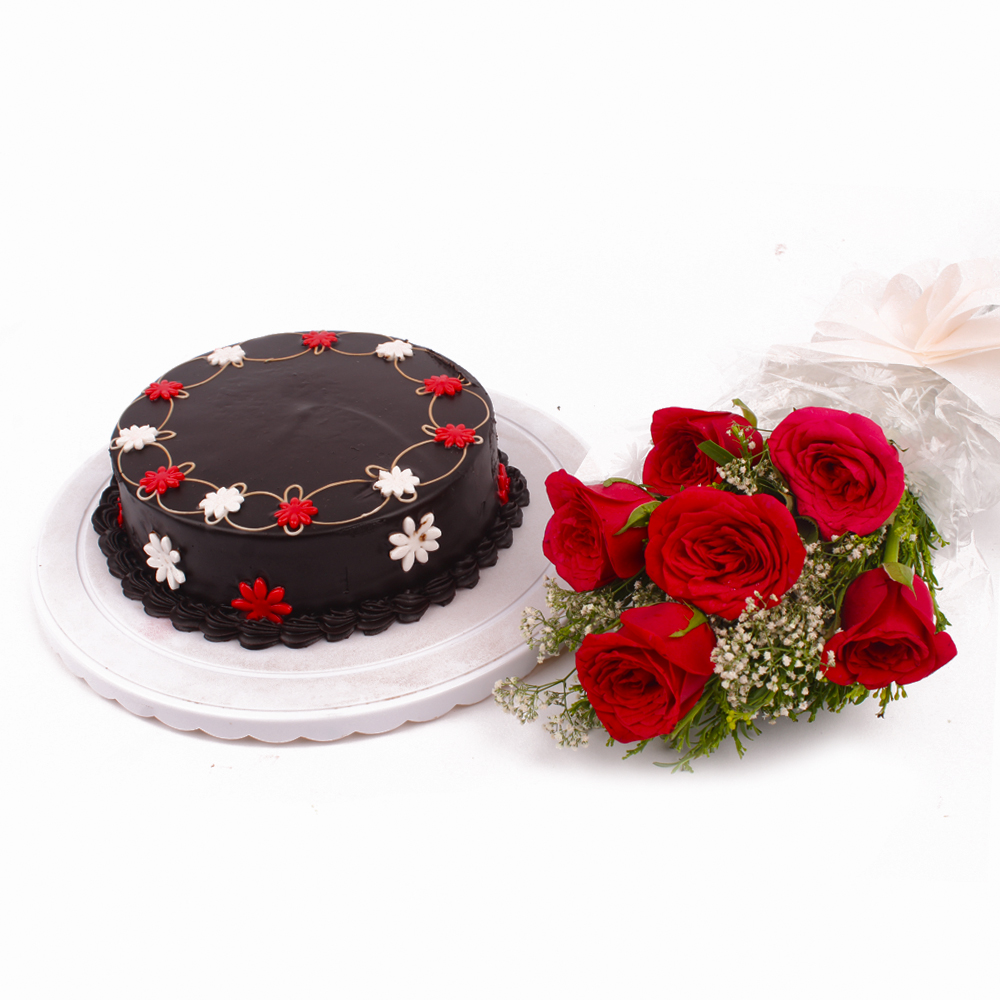 Eggless Chocolate Cake and Six Red Roses Bunch
