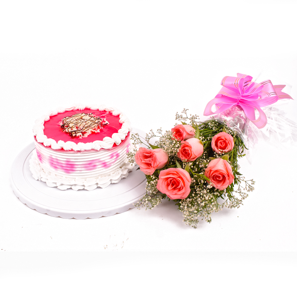 Half kg Strawberry Cake and Pink Roses Combo