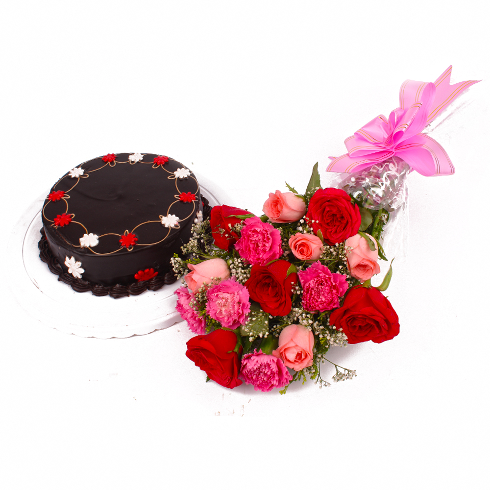 Half Kg Chocolate Cake and Bouquet of Roses and Carnations