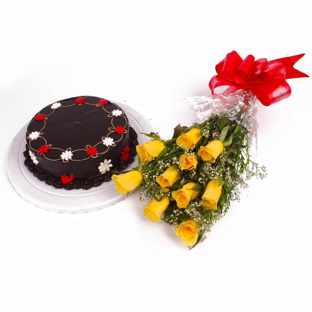 Eggless Chocolate Cake with 10 Yellow Roses Bunch