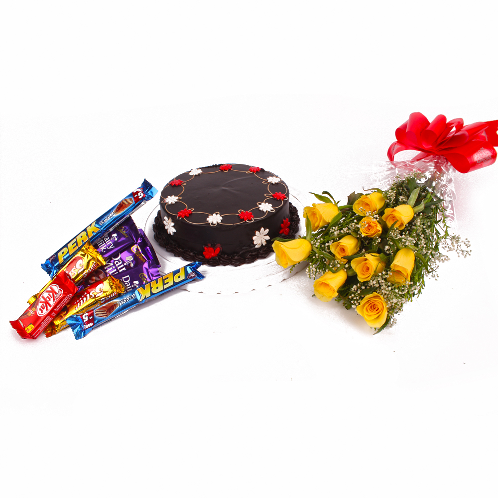 Chocolate Cake with Yellow Roses and Cabury Chocolate Bars