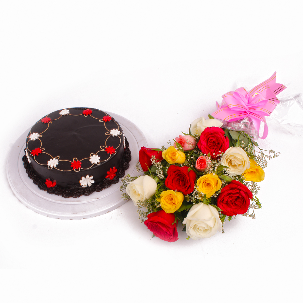 Eggless Chocolate Cake and Dozen Assorted Roses Bouquet
