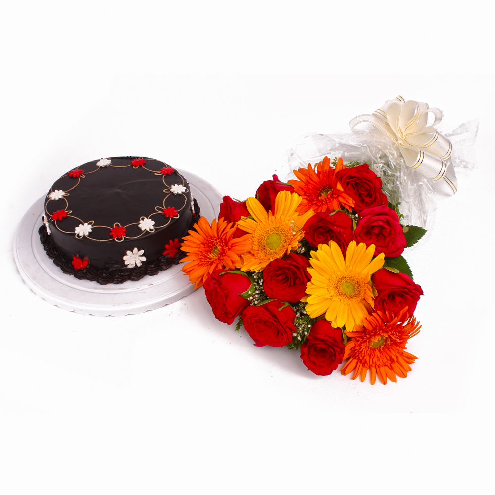 Yummy Chocolate Cake and Bouquet of Gerberas with Roses