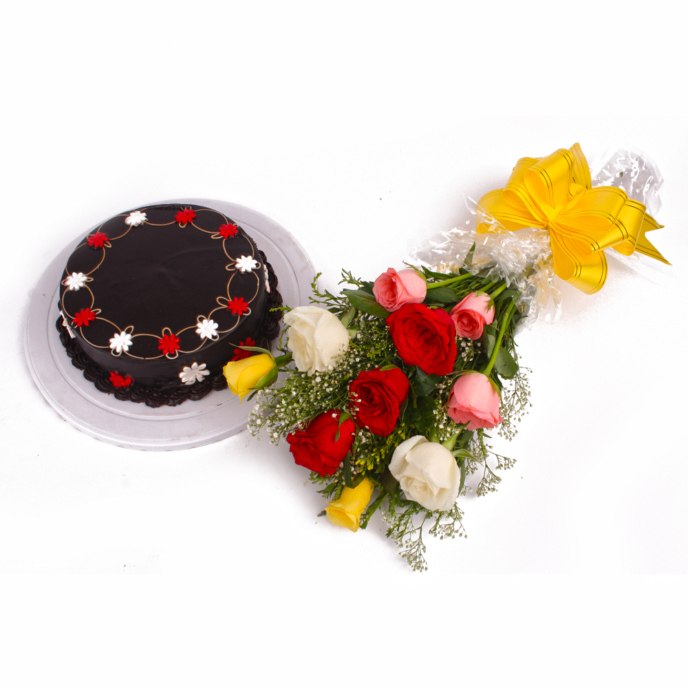 One Kg Yummy Chocolate Cake and Bouquet of Colorful Roses