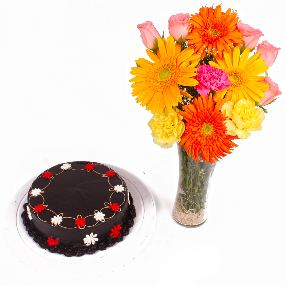 Dark Chocolate Cake with Dozen Flowers in Vase