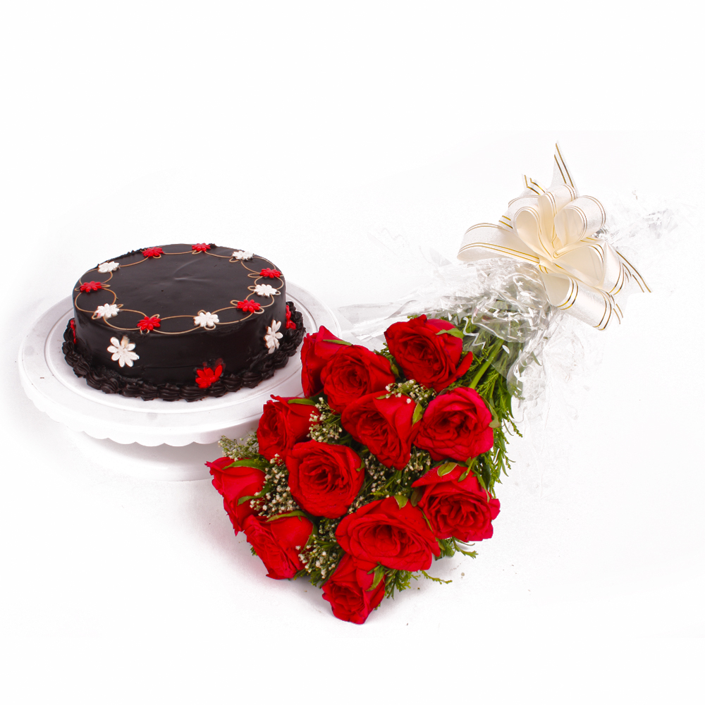 Half Kg Chocolate Cake and Dozen Red Roses Combo
