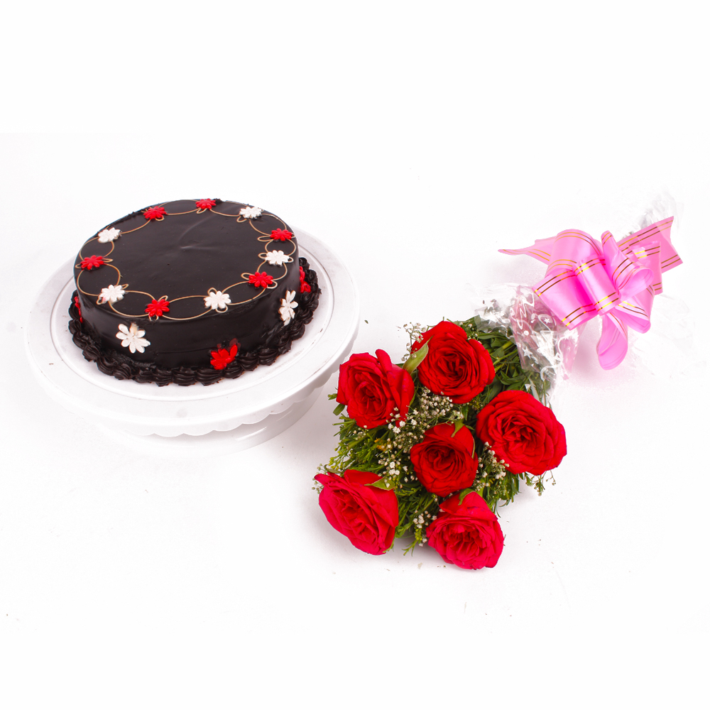One Kg Chocolate Cake and Six Red Roses Bouquet