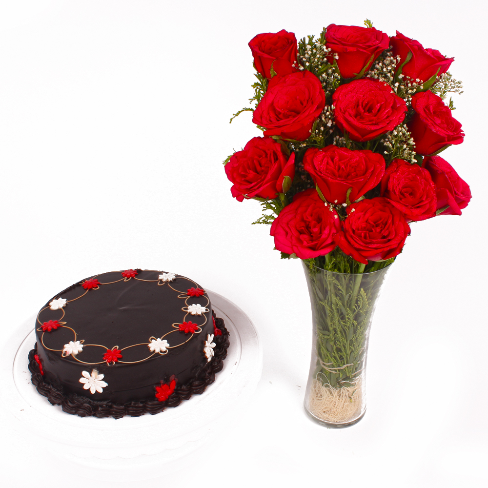 Glass Vase of Dozen Red Roses with Chocolate Cake