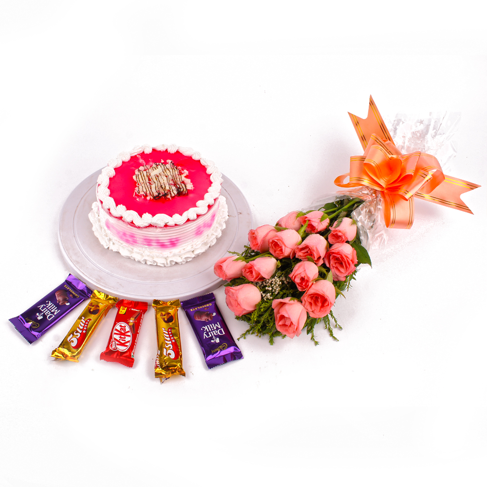 Dozen Pink Roses with Strawberry Cake and Cadbury Chocolates