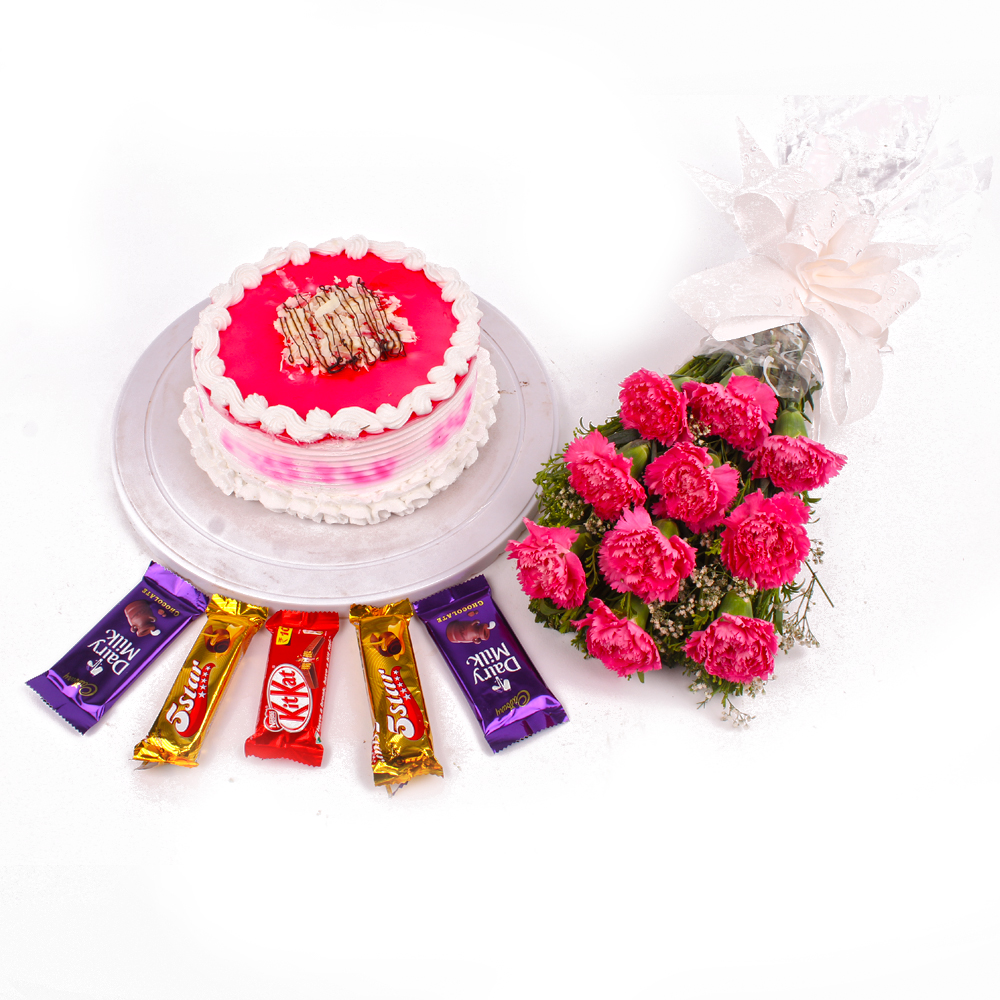 Ten Pink Carnations Bouquet with Strawberry Cake and Cadbury Chocolates