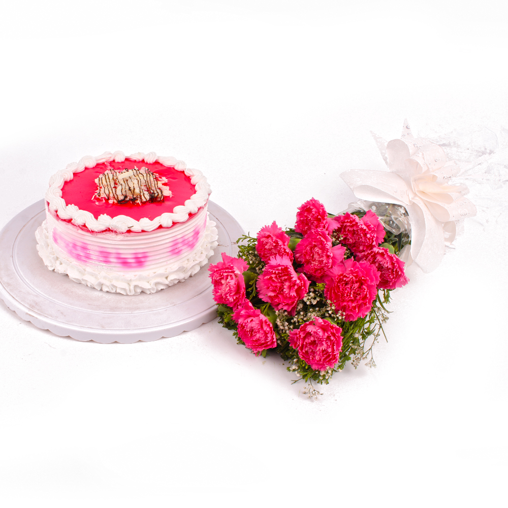 Combo of Ten Carnation Bunch and Strawberry Cake
