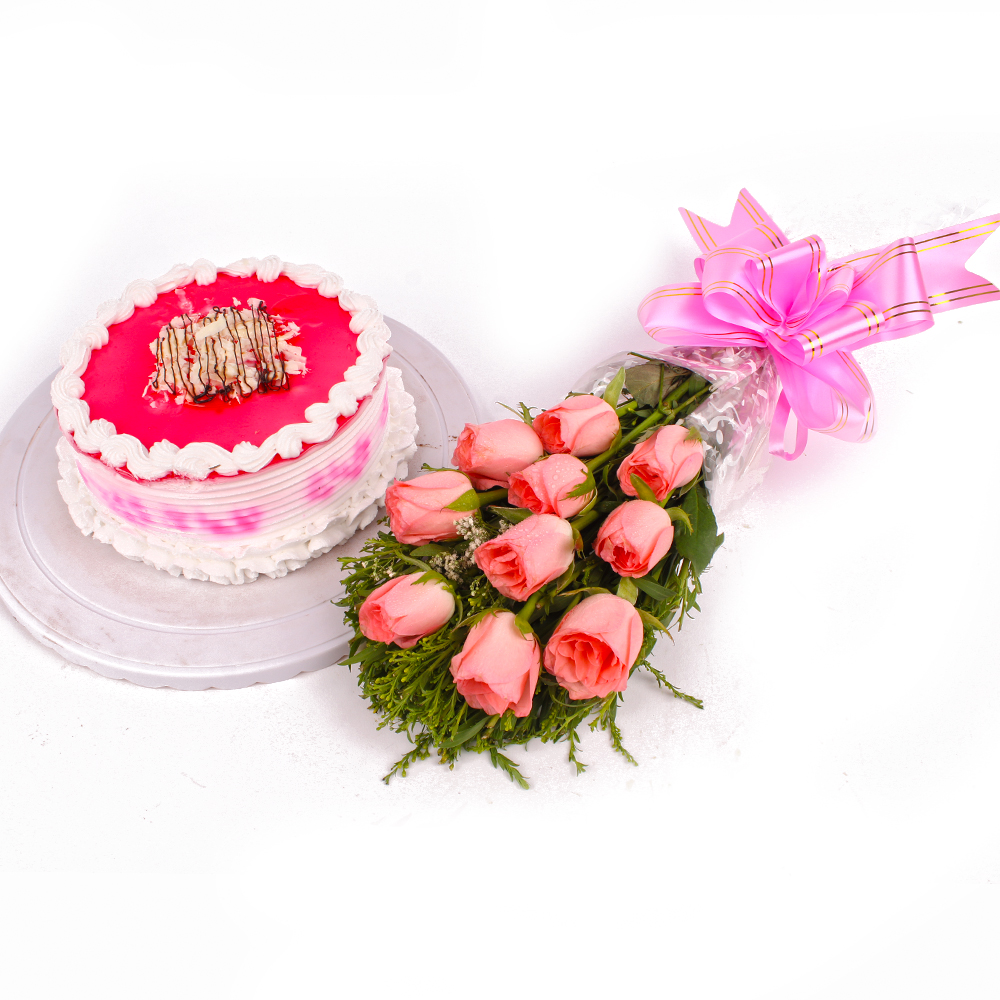 Pink Roses and Strawberry Cake Combo