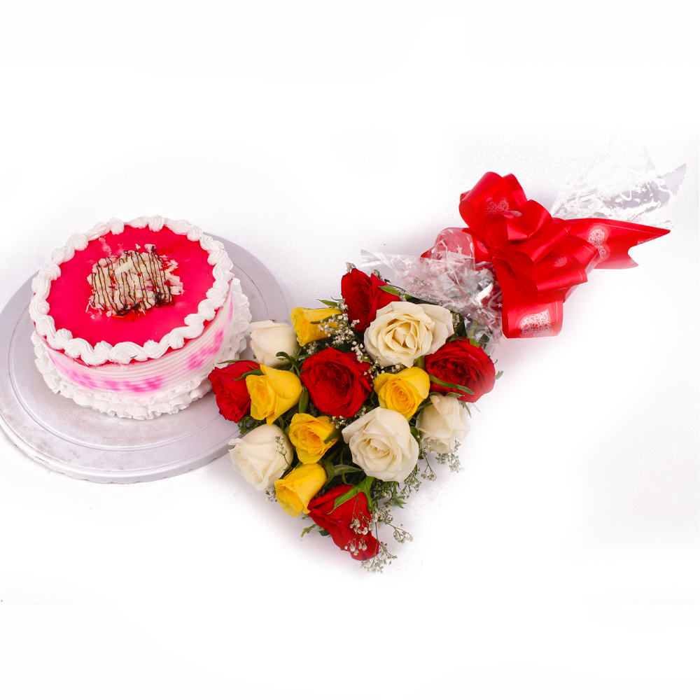 Strawberry Cake and Multi Color Roses Bouquet Combo