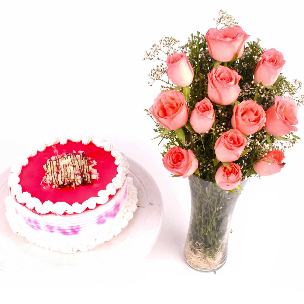 Strawberry Cake and Glass Vase of Dozen Pink Roses