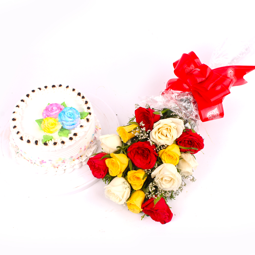 Vanilla Cake and Multi Color Roses Bouquet