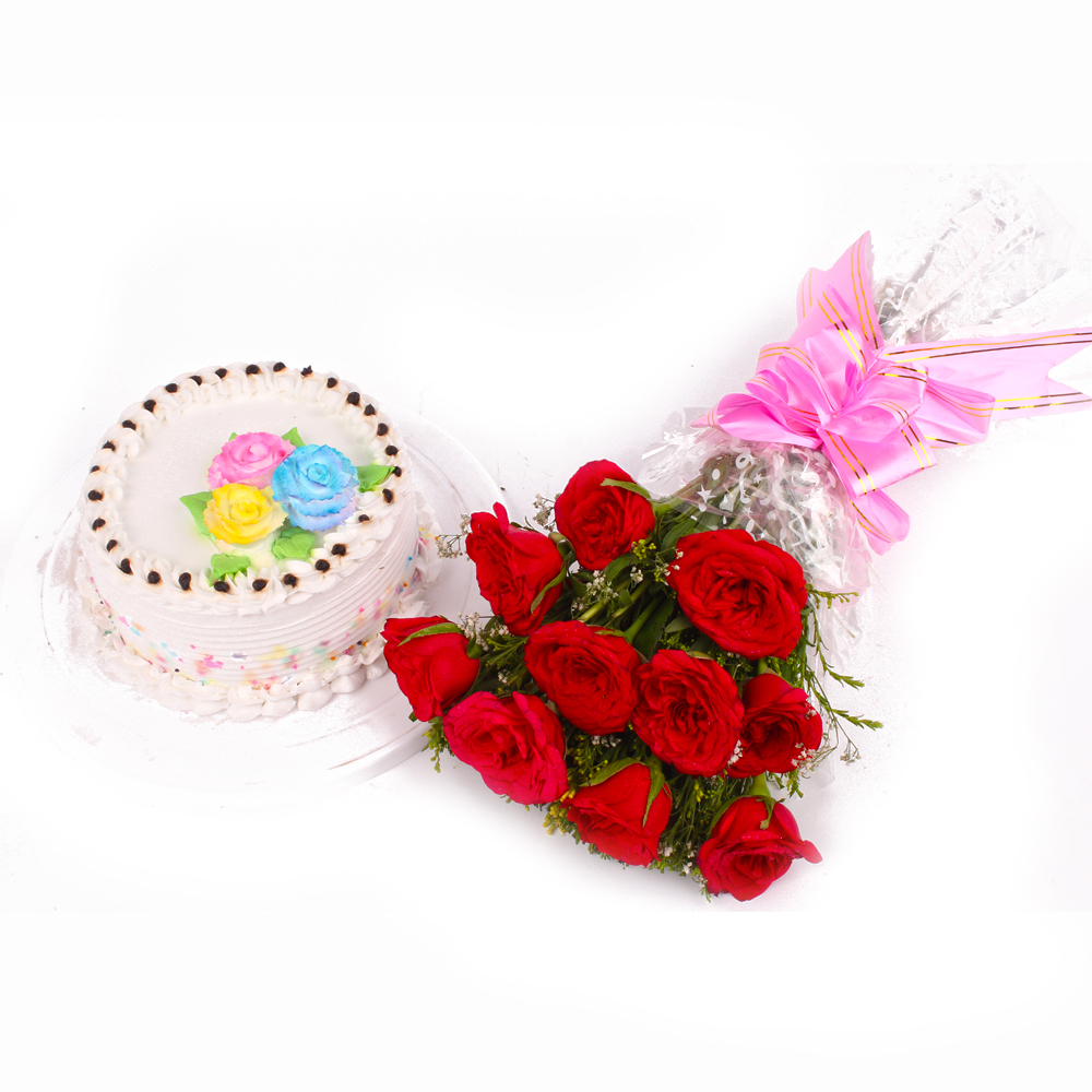 Eggless Vanilla Cake and Red Roses Bouquet