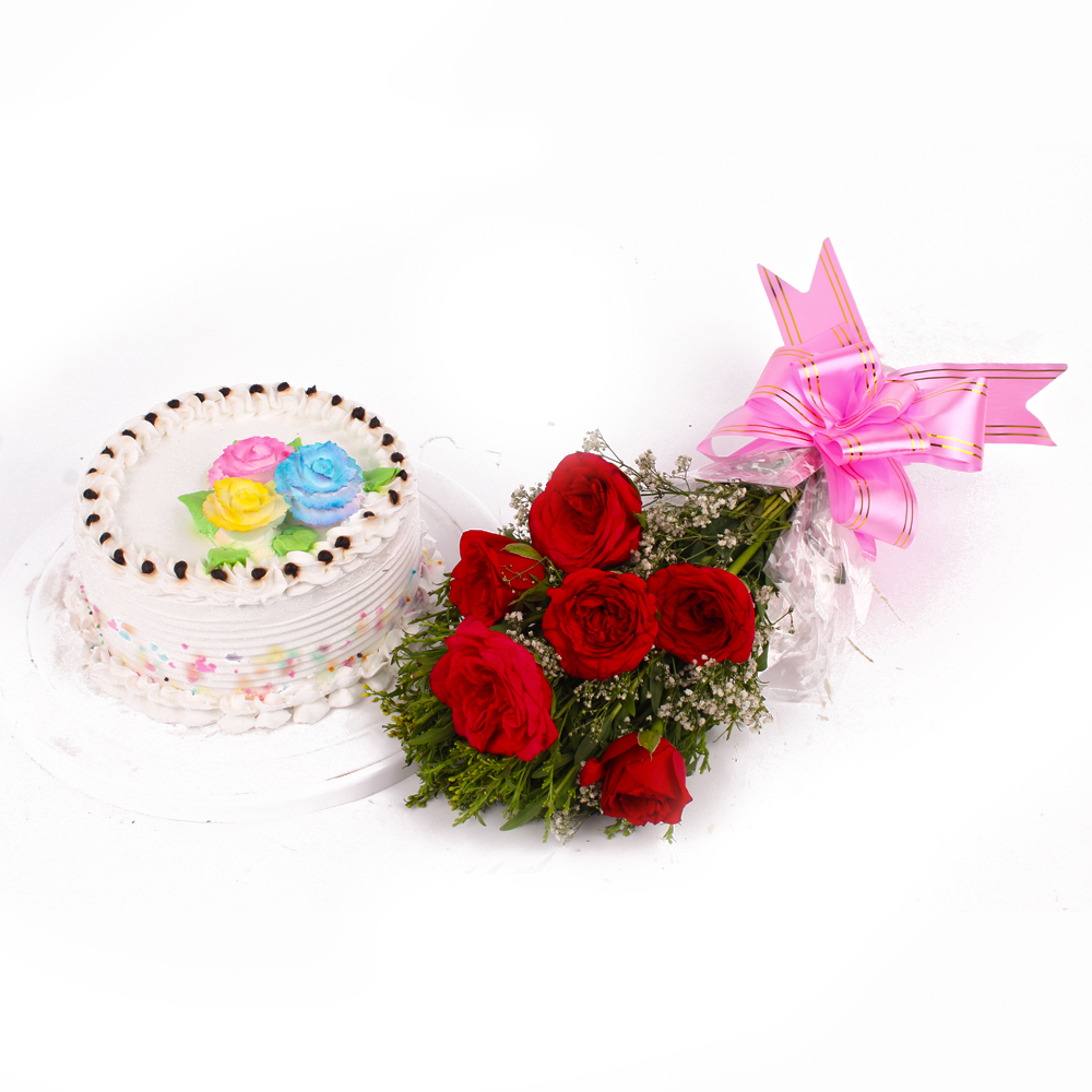 Yummy Vanilla Cake and Six Red Roses Bunch