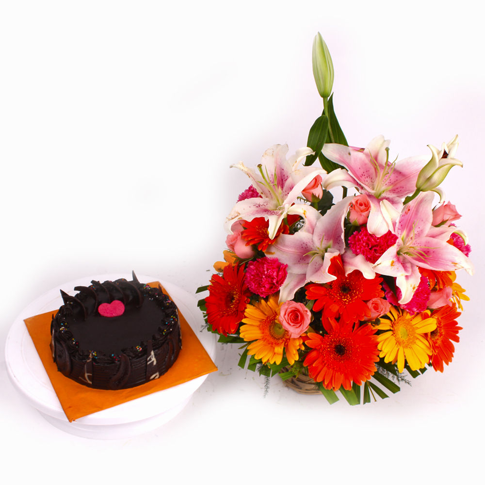 Basket of Seasonal Mix flowers with Chocolate Cake
