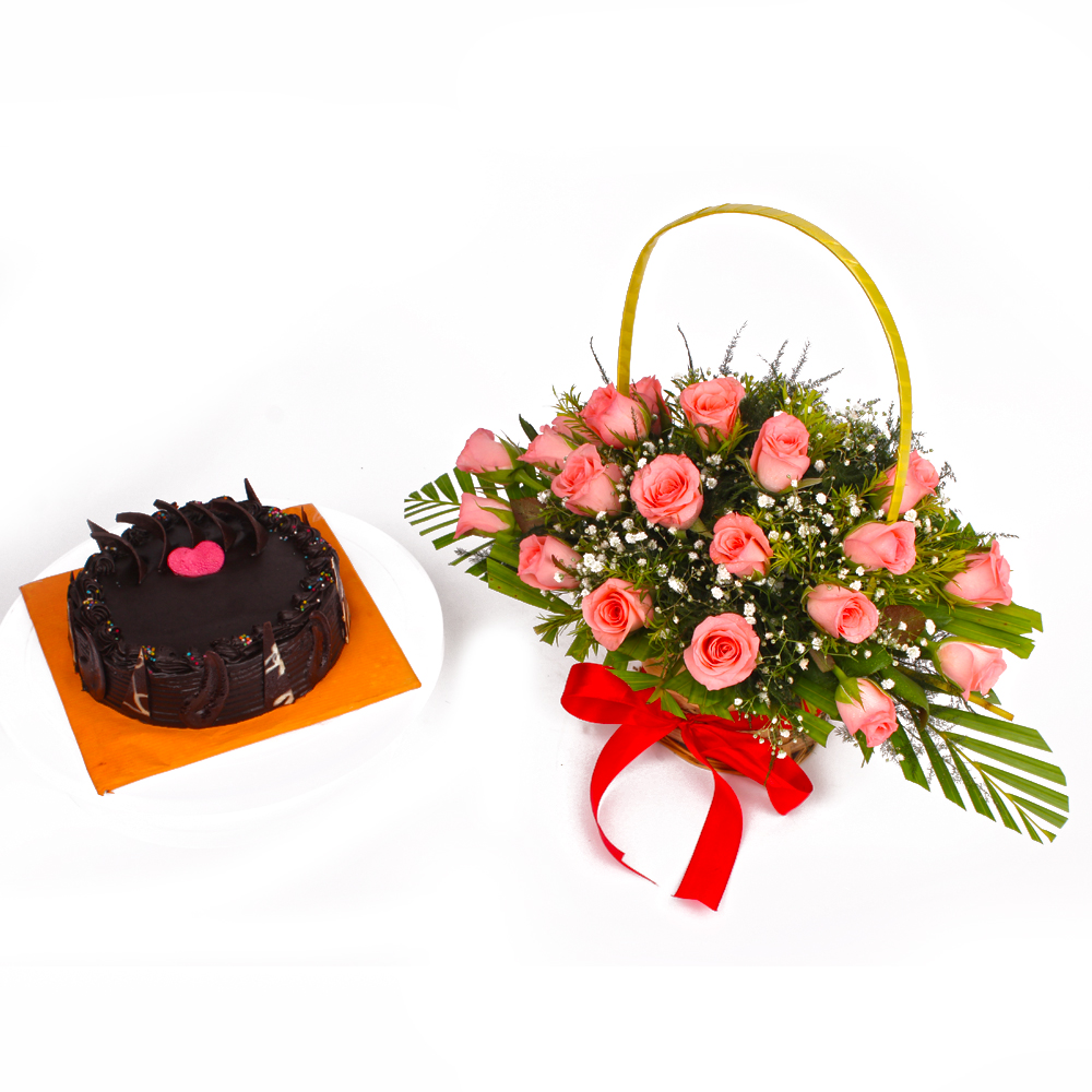 Chocolate Cake and Basket of Pink Roses Combo