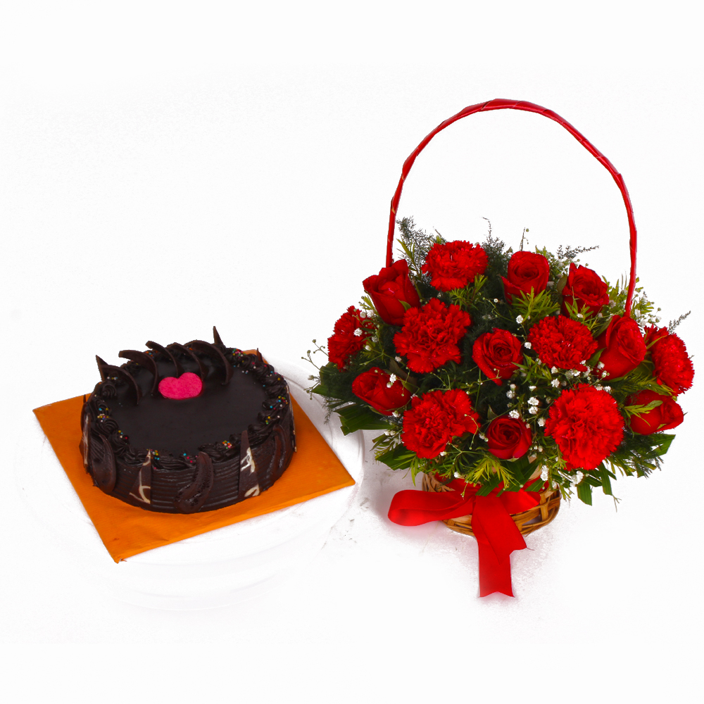 Chocolate Cake and Basket of Red Roses with Carnations